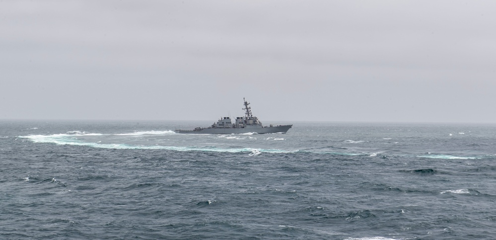 USS Decatur Approaches USS Nimitz For Fueling-At-Sea