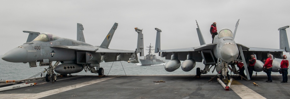 USS Decatur Approaches USS Nimitz For Fueling-At-Sea