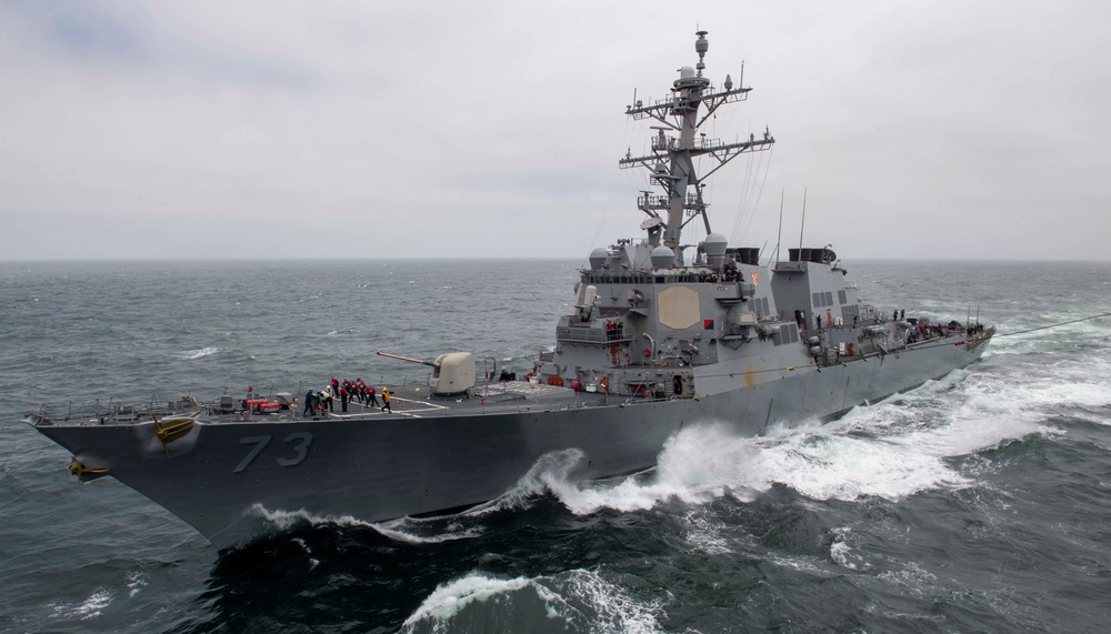 USS Decatur Approaches USS Nimitz For Fueling-At-Sea