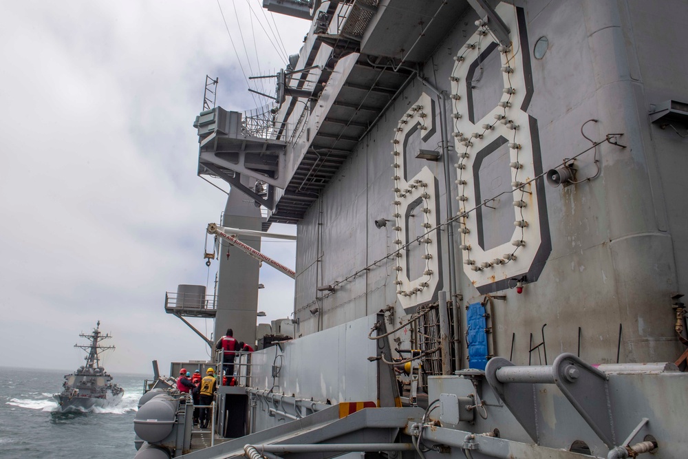 USS Decatur Approaches USS Nimitz For Fueling-At-Sea