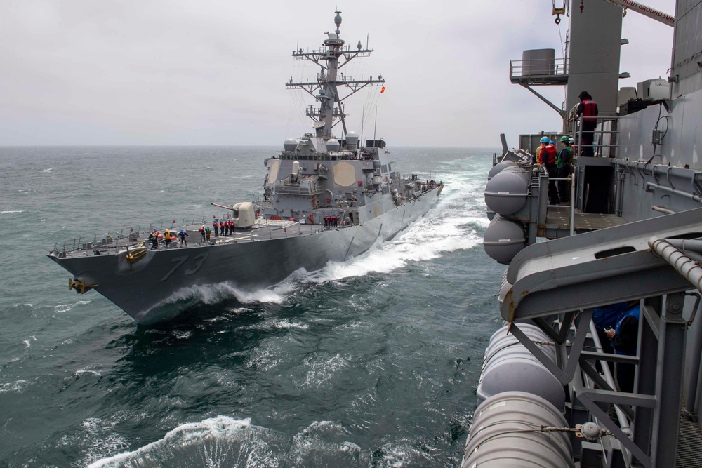 USS Decatur Approaches USS Nimitz For Fueling-At-Sea