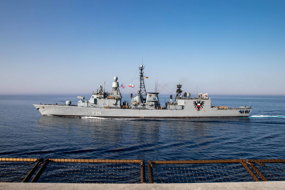 USS Arlington and German frigate train on close proximity maneuverability
