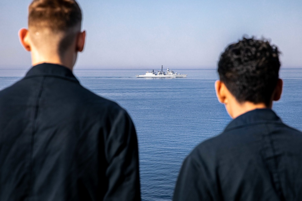 USS Arlington and German frigate train on close proximity maneuverability