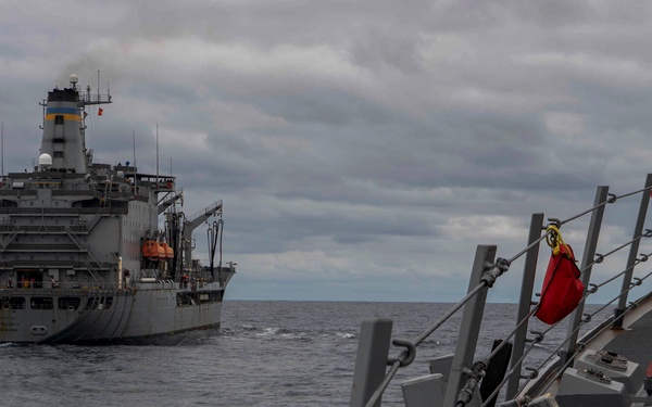 Gridley conducts a replenishment-at-sea with the Military Sealift Command fleet replenishment oiler USNS Rappahannock (T-AO 204)