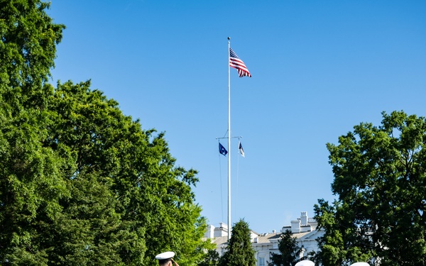 CNO Gilday, Commander in Chief of the Israeli Navy Vice Adm. David Saar Salama attend full-honors welcoming ceremony