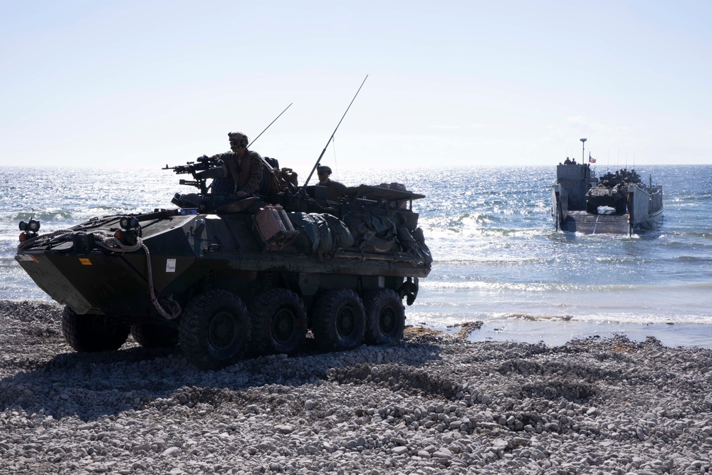 Landing Craft Utility boat offloads Marines onto the shore of Gotland Island