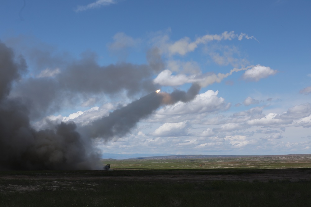 Soldiers from various HIMARS artillery units train during Western Strike 22