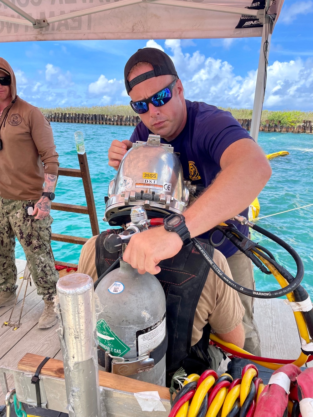 UCT-2 and NMCB-3 conduct repairs to a Roll-on, Roll-off Discharge Facility in Tinian Harbor