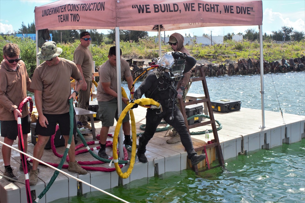 UCT-2 and NMCB-3 conduct repairs to a Roll-on, Roll-off Discharge Facility in Tinian Harbor