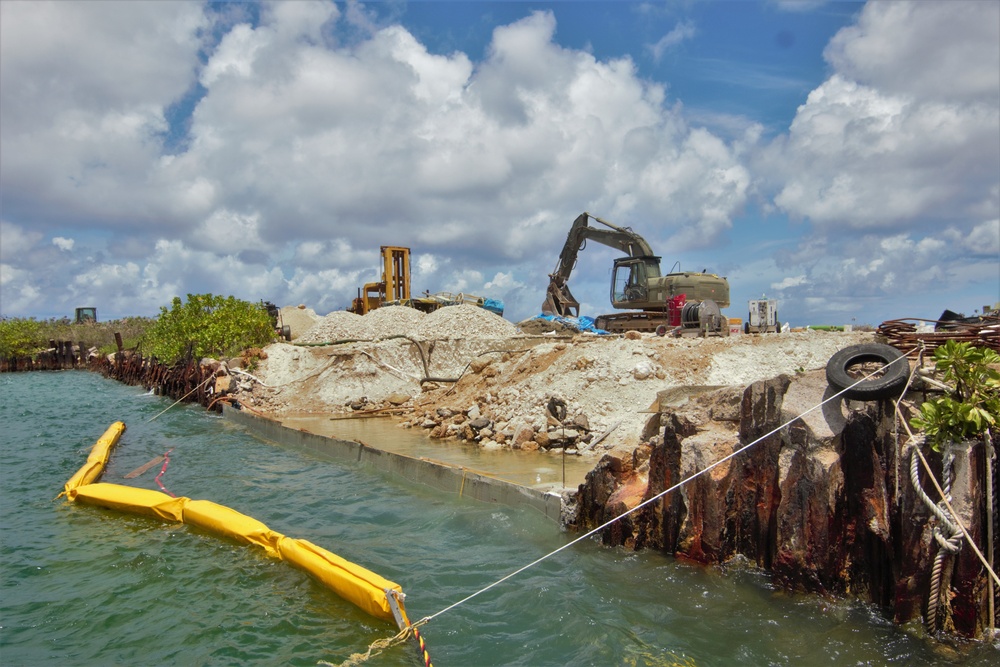 UCT-2 and NMCB-3 conduct repairs to a Roll-on, Roll-off Discharge Facility in Tinian Harbor