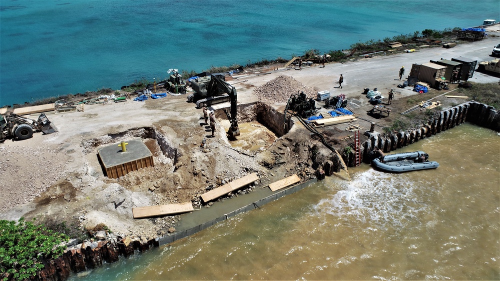 UCT-2 and NMCB-3 conduct repairs to a Roll-on, Roll-off Discharge Facility in Tinian Harbor