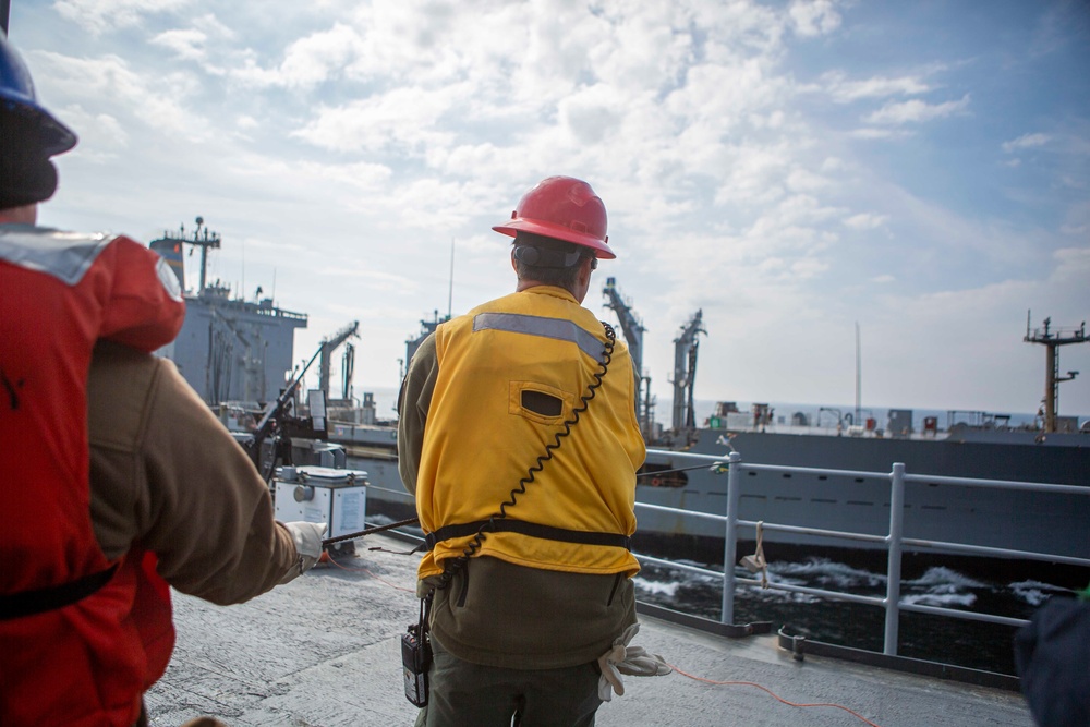 USS Mount Whitney conducts replenishment at sea