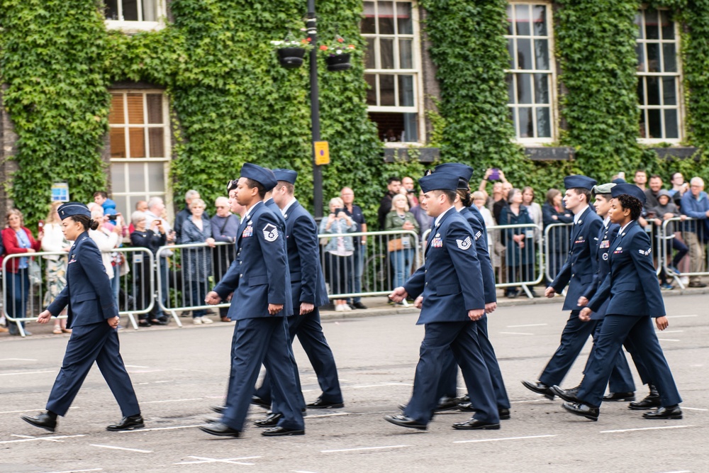 Team Mildenhall participates alongside the community during the West Suffolk-Parade and Sunset Ceremony.