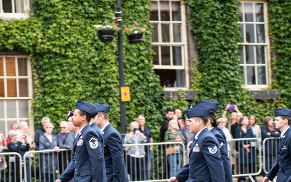 Team Mildenhall participates alongside the community during the West Suffolk-Parade and Sunset Ceremony.