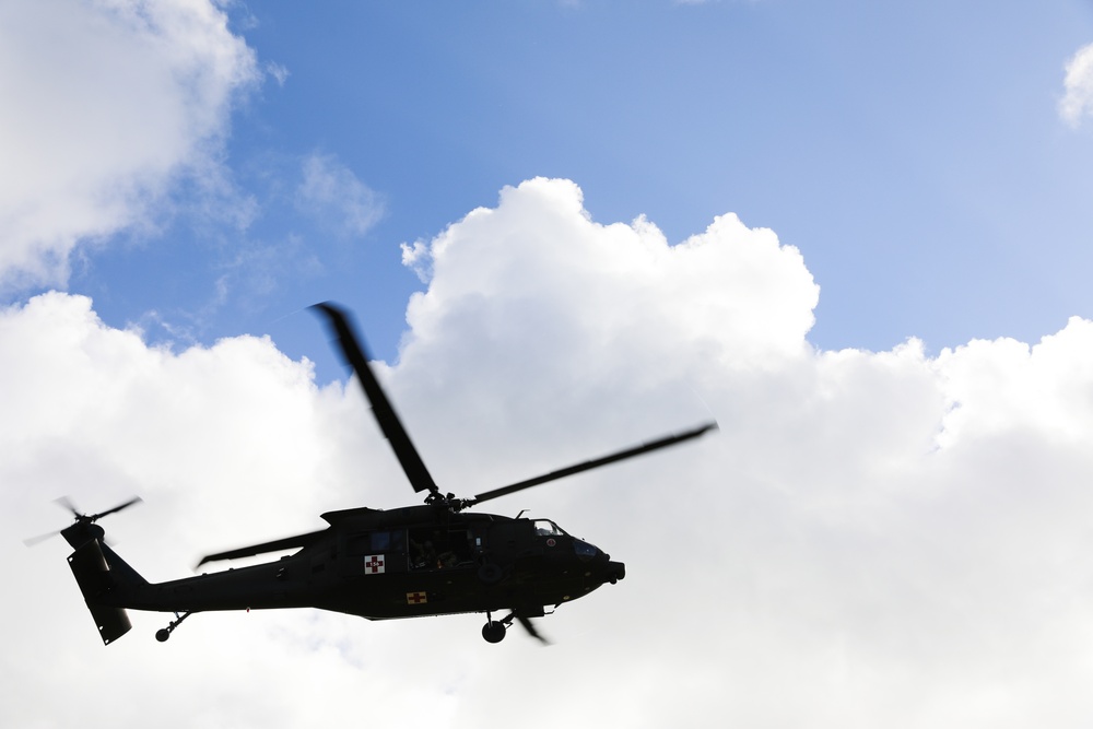 UH-60 Black Hawk helicopter flies over Hilo, Hawaii training site