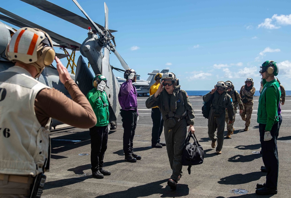 USS Ronald Reagan (CVN 76) hosts Rear Adm. Robert Clark and Brig. Gen. Akshai Gandhi during Valiant Shield 22