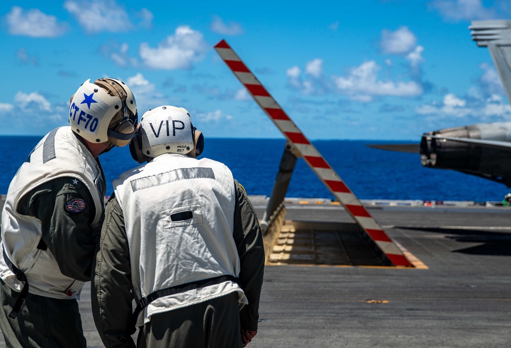 USS Ronald Reagan (CVN 76) hosts Rear Adm. Robert Clark and Brig. Gen. Akshai Gandhi during Valiant Shield 22