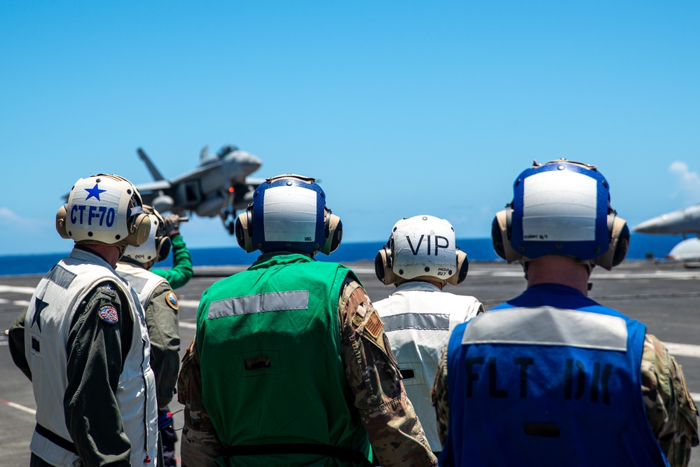 USS Ronald Reagan (CVN 76) hosts Rear Adm. Robert Clark and Brig. Gen. Akshai Gandhi during Valiant Shield 22