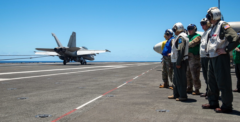 USS Ronald Reagan (CVN 76) hosts Rear Adm. Robert Clark and Brig. Gen. Akshai Gandhi during Valiant Shield 22