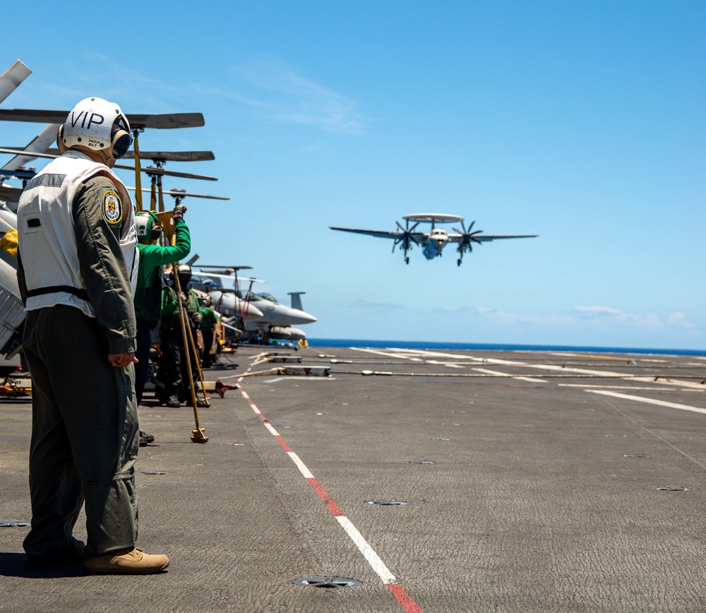 USS Ronald Reagan (CVN 76) hosts Rear Adm. Robert Clark and Brig. Gen. Akshai Gandhi during Valiant Shield 22