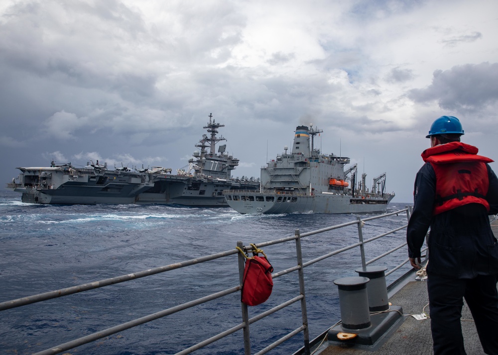 USS Leyte Gulf refueling at sea.