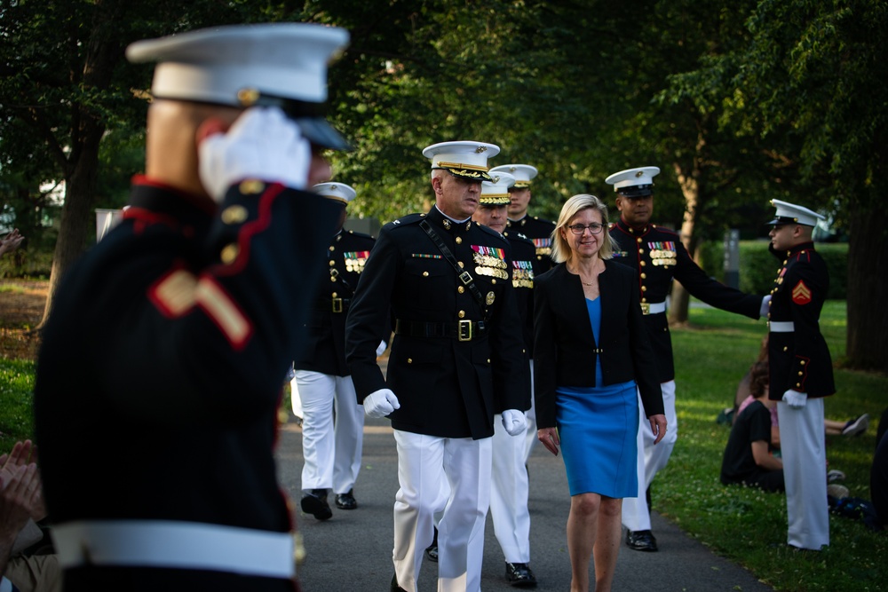 Marine Barracks Washington conducts their first evening parade at the Iwo Jima memorial.