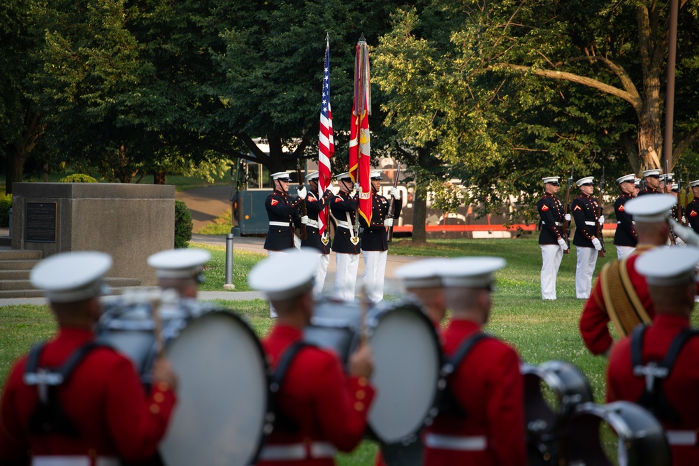 Marine Barracks Washington conducts their first evening parade at the Iwo Jima memorial.
