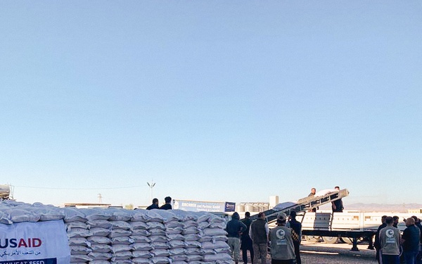 First vehicle of shipment being loaded before crossing to Northeastern Syria.