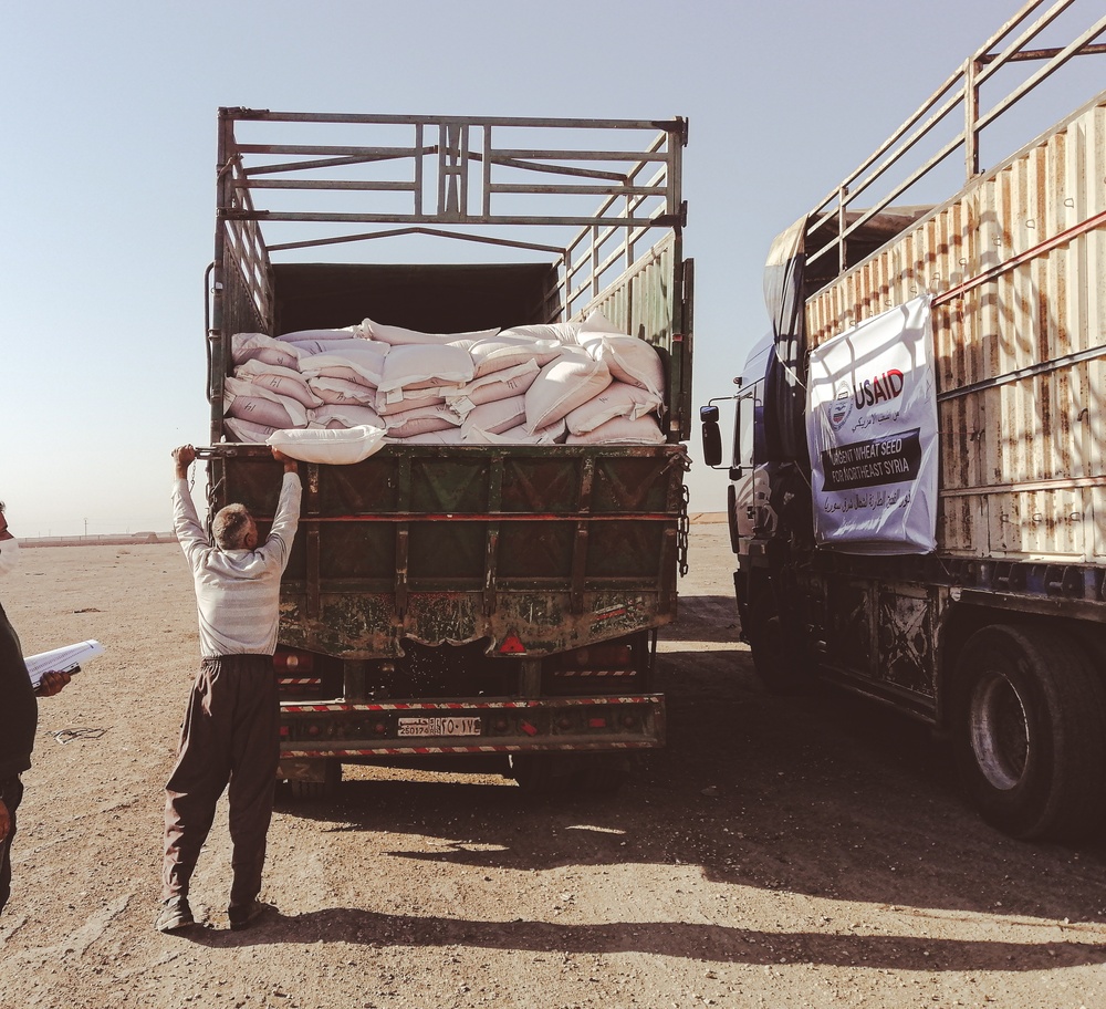 Trucks arrive at distribution point