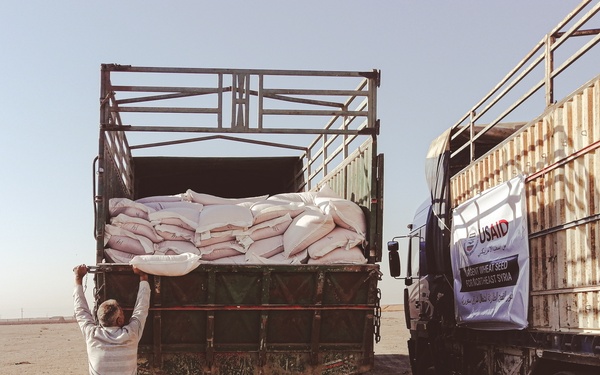 Trucks arrive at distribution point