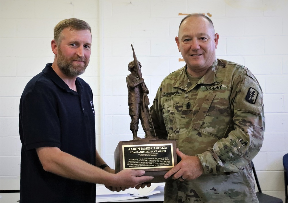 Command Sgt. Maj. Aaron Cardoza receives award for service to the 40th BSB