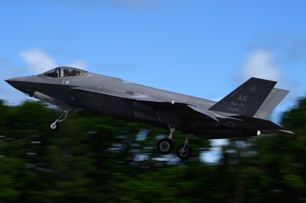 Eielson F-35s take off from Palau during VS22