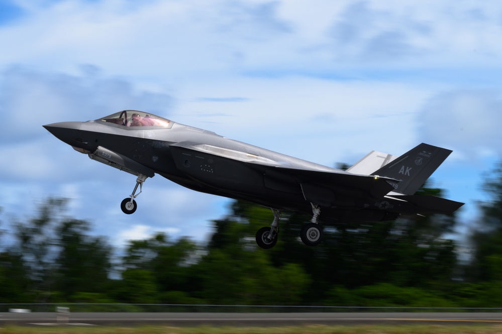Eielson F-35s take off from Palau during VS22