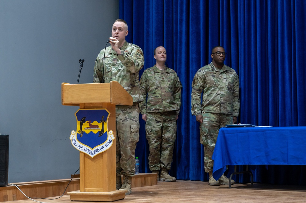 386th ELRS change of command: Maj. Shawn D. Cameron succeeds Maj. Angela L. Petersen