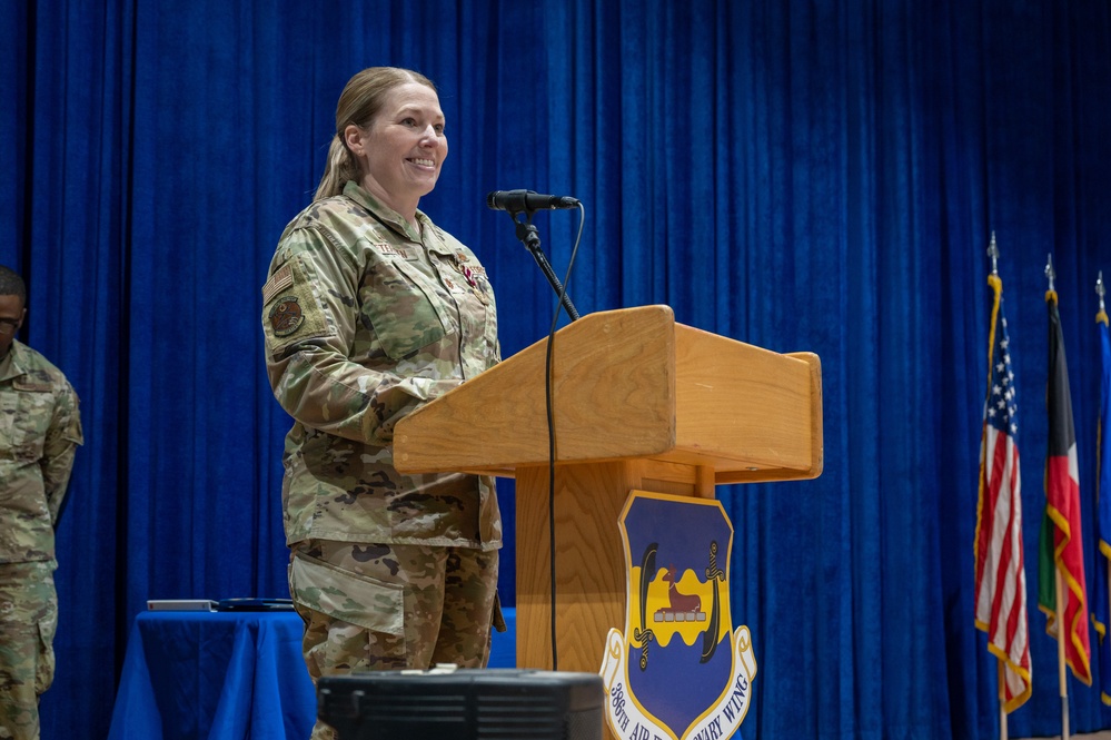 386th ELRS change of command: Maj. Shawn D. Cameron succeeds Maj. Angela L. Petersen