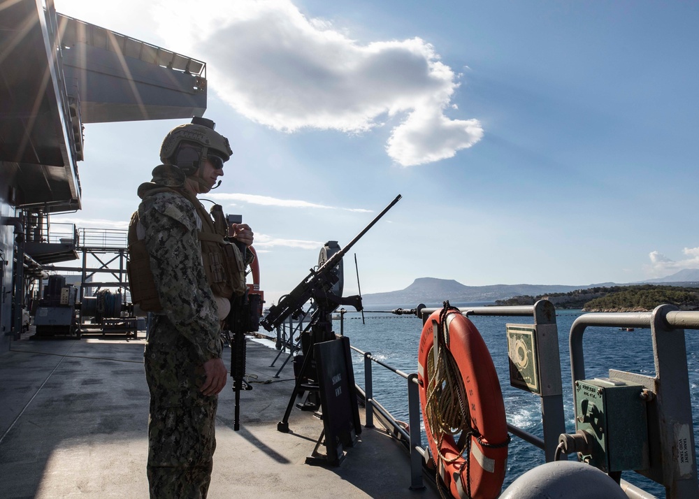 USS Hershel "Woody" Williams (ESB 4) Departs Naval Support Activity Souda Bay, Greece.