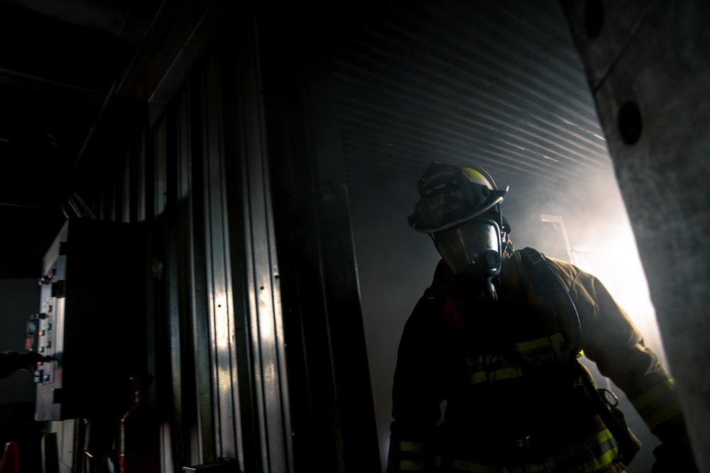 110th Wing Firefighters receive live building fire training during Japan DFT