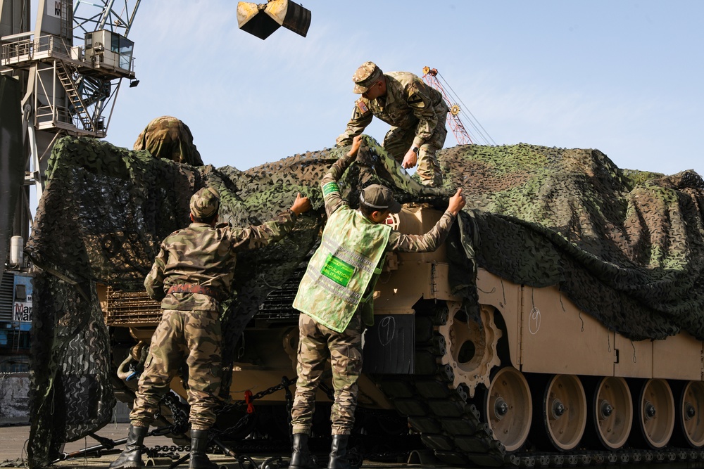 U.S. and Moroccan soldiers prepare equipment for transport to Tifnit, Morocco during African Lion 22