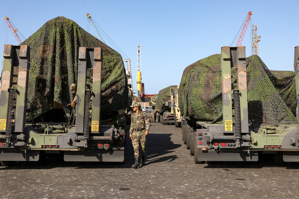 U.S. and Moroccan soldiers prepare equipment for transport to Tifnit, Morocco during African Lion 22