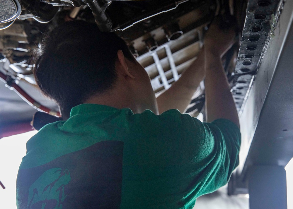 Strike Fighter Squadron (VFA) 103 Sailor Conducts Maintenance Aboard USS George H.W. Bush (CVN 77)