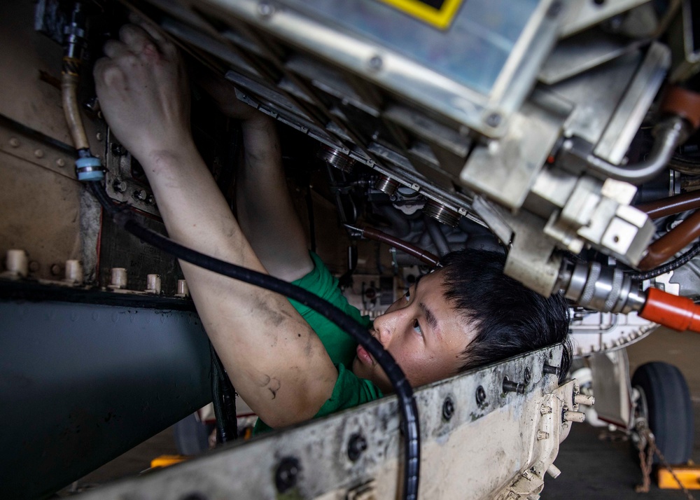 Strike Fighter Squadron (VFA) 103 Sailor Conducts Maintenance Aboard USS George H.W. Bush (CVN 77)