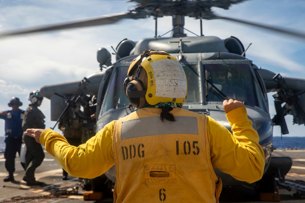 Sailors from USS Abraham Lincoln Conduct a Helicopter Visit, Board, Search and Seizure Exercise with USS Dewey