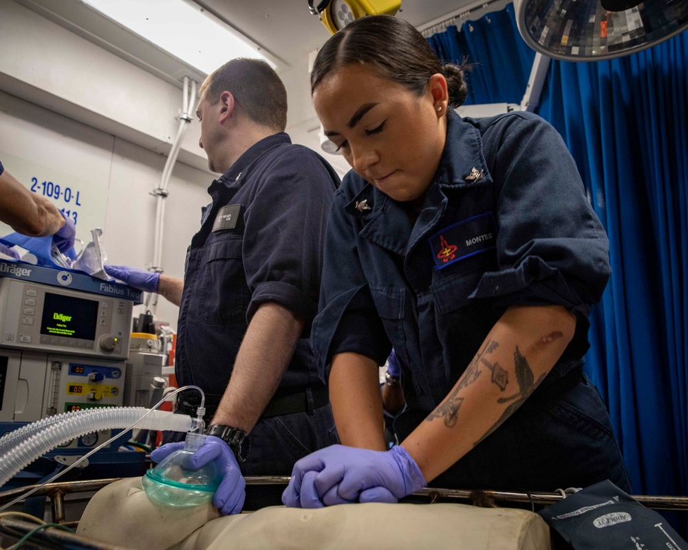 USS George H.W. Bush (CVN 77) Sailor Participates in Medical Drill