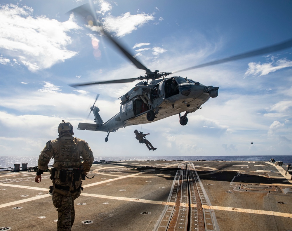 Sailors from USS Abraham Lincoln Conduct a Helicopter Visit, Board, Search and Seizure Exercise with USS Dewey