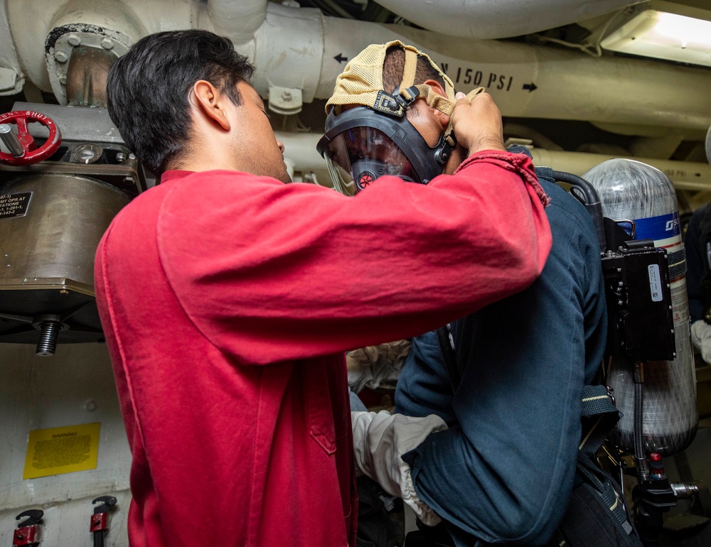 Sailors Aboard USS Dewey (DDG 105) Conduct Firefighting Drills