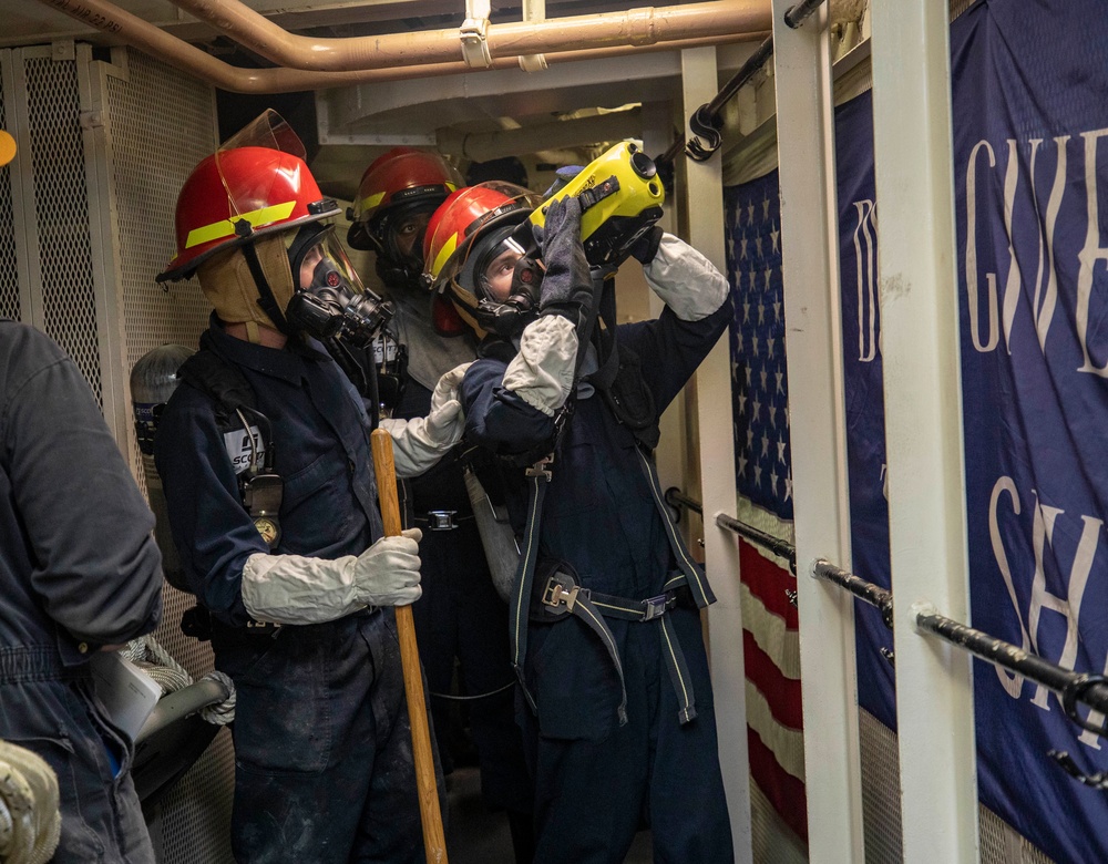 Sailors Aboard USS Dewey (DDG 105) Conduct Firefighting Drills