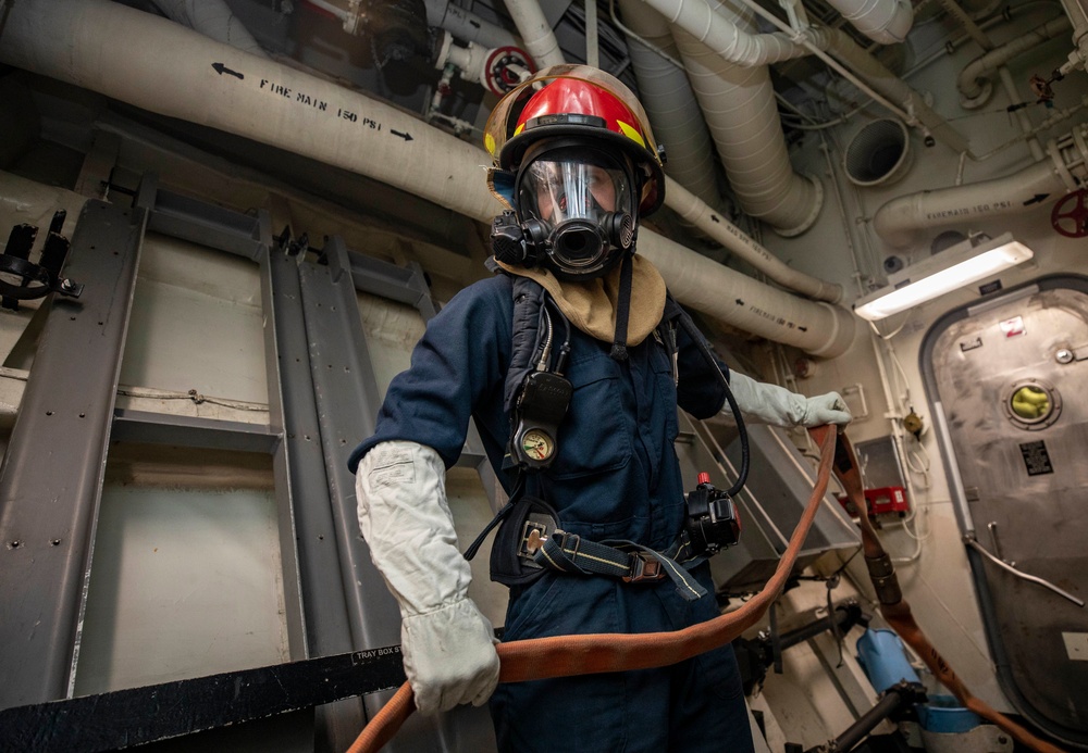 Sailors Aboard USS Dewey (DDG 105) Conduct Firefighting Drills