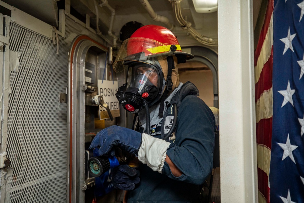 Sailors Aboard USS Dewey (DDG 105) Conduct Firefighting Drills