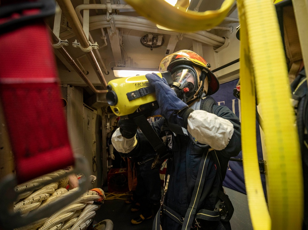 Sailors Aboard USS Dewey (DDG 105) Conduct Firefighting Drills