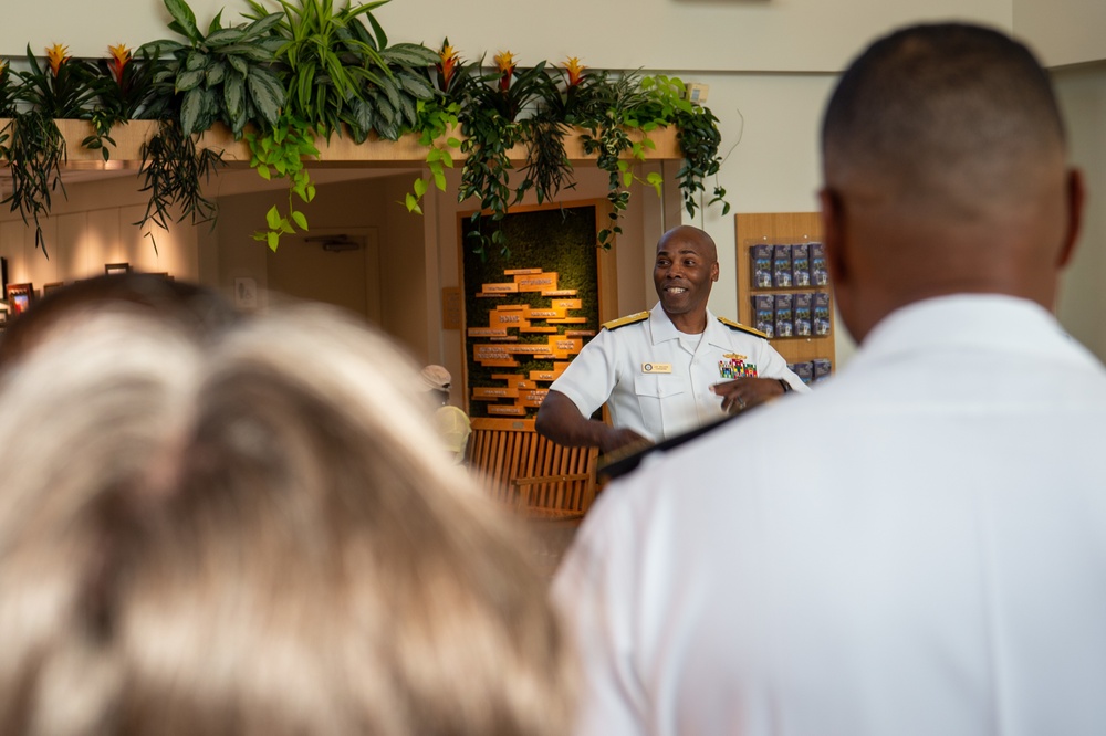 Commander, Navy Recruiting Command speaks to the audience during a Memphis Navy League reception During Navy Week Memphis
